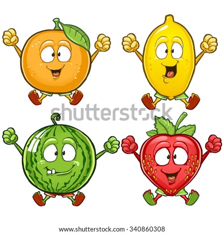 Orange, lemon, watermelon and strawberry cartoon characters throwing hands in the air isolated on white background