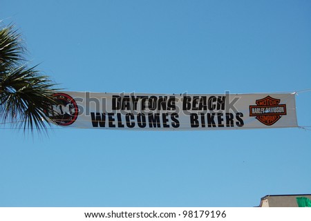 DAYTONA BEACH, FL - MARCH 17:  Welcome banners hang across Main Street amid the sea of bikers in town for \