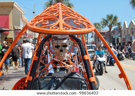 DAYTONA BEACH, FL - MARCH 17:  Customized motorcycles line Main Street during 
