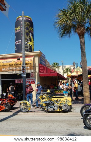 DAYTONA BEACH, FL - MARCH 17:  Customized motorcycles line Main Street during \