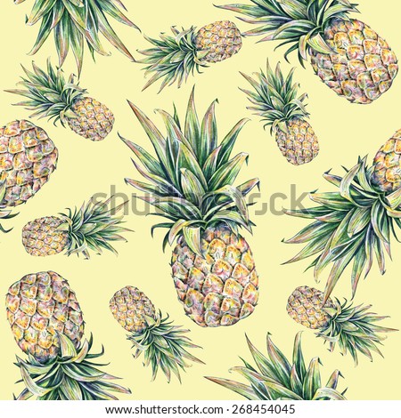 Pineapple on a yellow background. Watercolor colourful illustration. Tropical fruit. Seamless pattern