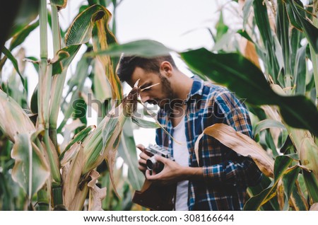 Young hipster man with vintage camera in a corn filed. Vintage retro style effect, soft focus, low light, grain texture visible on maximum size. Horizontal