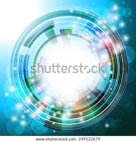 Abstract background with circle, lights and blue-green geometric elements. Place for your text. Illustration for your design.