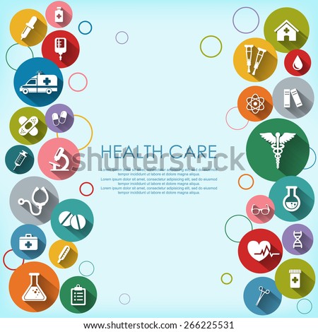 Background with vector Medical Icons in flat style with long shadows. Health care background. Medical white icons on colored basis.