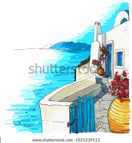 Greece summer island landscape. Santorini hand drawn square vector background. Picturesque sketch. Ideal for card, invitation, banners, posters.