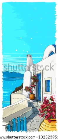 Greece summer island landscape. Santorini hand drawn vertical vector background. Picturesque sketch. Ideal for card, invitation, banners, posters.