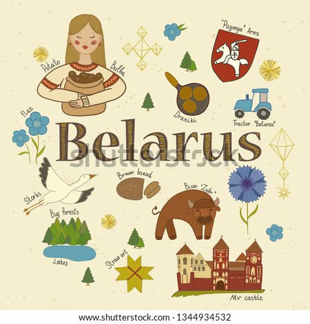 Belarus sights illustration. Vector set of belarussian landmarks and cultural and natural features. Country alphabet.