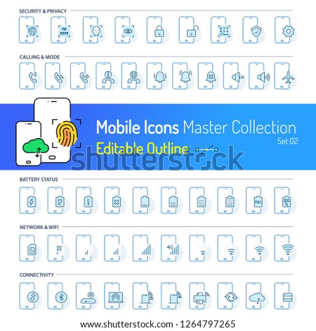 Mobile Icon collection, Outline icon stroke, Security icons, Calling, Mobile battery, Network icons, wifi device, connectivity icon, sync, gear, setting, services, internet security, cloud backup