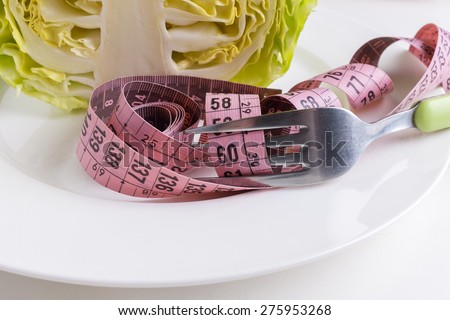 Plate with measuring tape. Diet concept.