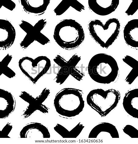 XOXO seamless pattern. Vector Abstract background with ink brush strokes. Monochrome Scandinavian hand drawn print. Grunge texture with simbols of zero, cross and heart.