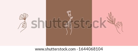 Logos of women's hands in a minimal linear style. Vector emblems with hand gestures holding a rose, Ginkgo leaf and olive branch. For packaging cosmetics, beauty Studio, tattoo, Spa, manicure, jewelry