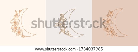 Set of Crescent moon of orchid and Lily flowers in trendy linear minimal style. Vector floral outline emblems for for jewelry stores, handmade masters, cosmetics, Spa, beauty and tattoo salon