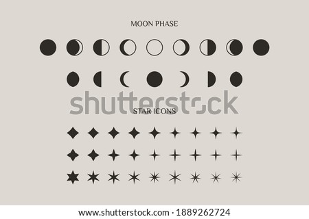 Set of Moon Phase And Stars Sparkles Sign Symbol in a Trendy Minimal Style. Vector Icons for Creating Logos, Patterns and Web design