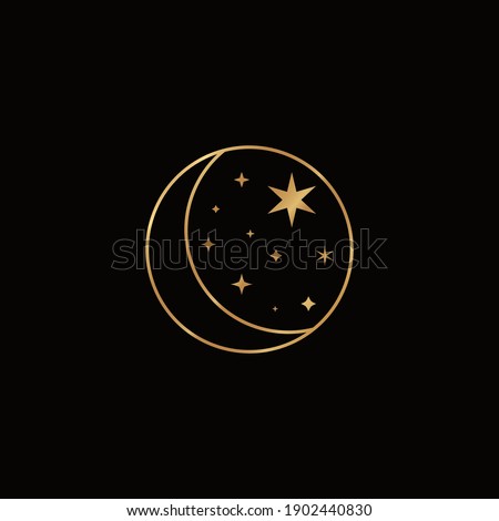 The mystical Golden Moon in a Trendy Boho Style. Vector Icon of a Crescent moon with Stars For the print on the wall, on a t-shirt, tattoo Design, social media post and stories