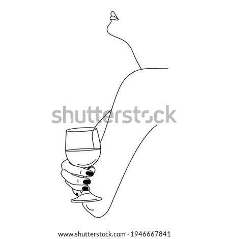 Woman Holding Wineglass in a Minimal Trendy Linear Style . Vector Fashion Illustration of Female Figure in Profile.