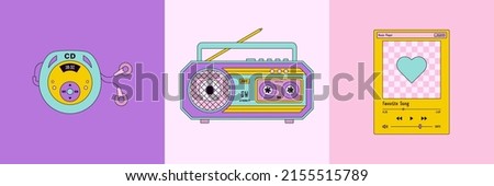 Music Set 90's in Pop Art Style. Vector Illustration CD Player, Boombox, Player Template for Stickers, Logos, Prints, Patches and Social Media in Colorful Violet and Pink Background