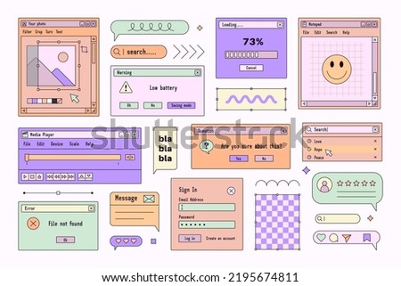 Browser Computer Interface Windows in Vaporwave 90s Style. Retro PC Desktop Template Boxes and Elements. Vector Illustrations Set.