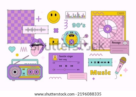 Vaporwave Music Template Boxes and Interfaces Elements in Trendy y2k Style. Retro Desktop with Frames, CD and Player Icons. Vector Abstract Aesthetic Background Nostalgic for 90s