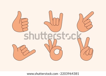 Hand Gestures Line Icons Set in Trendy Minimal Style . Abstract Vector Illustration Palms in Different Signs: Victory, Shaka, Ok, Thumb Up, Pointer, Horn for Creating Logo, Stickers, Web and Ui Design