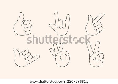 Hand Gestures Line Icons Set in Trendy Minimal Style . Abstract Vector Illustration Palms in Different Signs: Victory, Shaka, Ok, Thumb Up, Pointer, Horn for Creating Logo, Web and Ui Design