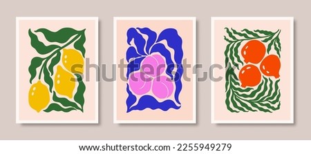 Abstract Floral Posters Set with Lemon, Pomegranate and Peach Fruits and Leaves . Modern Botanical Prints in Contemporary Style. Trendy Groovy Vector Illustration in Bright Yellow, Blue, Pink Colors