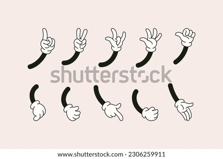 Retro Cartoon Hands Set in Different Gestures Showing Ok Sign, Pointing Fingers, Thumb Up, Rock sign, High Five. Vector Comic Arms in Gloves in 1930 Style for Creating Characters and other Design