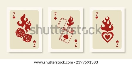 Playing Cards Posters. Retro Wall Art Prints Set with Dice in Flames, Lighter and Heart in a Trendy Modern Style. Vector Collection Funny Illustrations