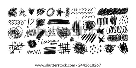 Crayon Pencil Scribble Textures and Shapes. Children's Charcoal Hand Drawn Doodle Scratches. Vector Elements of Waves, Squiggles, Circles, Lines, Dots, Scratches for Patterns, Templates, Web Design