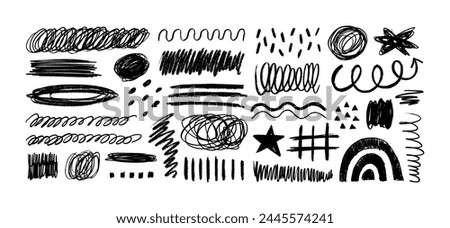 Crayon Pencil Scribble Textures and Shapes. Children's Charcoal Hand Drawn Doodle Scratches. Vector Elements of Waves, Squiggles, Circles, Lines, Dots, Star, Scratches for Patterns, Templates, Design