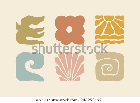 Boho Summer Beach Illustration Set. Groovy Geometric Sun, Seashells, Bird, Wave and Flower. Vector Abstract Square Tropical Icons in Freehand Retro Style for Logo, Print, Pattern, Poster, Web Design