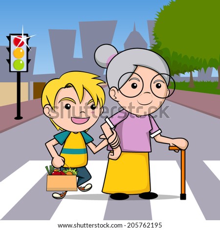 Boy Helping Old Lady Cross The Street. Stock Vector 205762195 ...