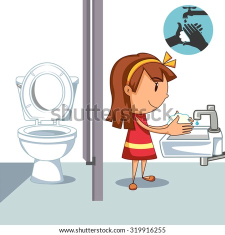 Girl washing hands, after bathroom, vector illustration
