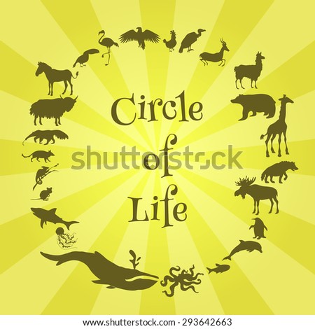 Concept poster with animals silhouettes around with text inside. Circle of life. Vector illustration