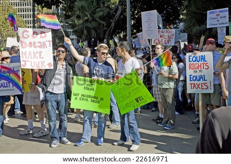 LOS ANGELES - NOV 15:  Protesters and marchers participate in a rally November 15, 2008 at Los Angeles\' City Hall protesting the passing of California\'s Proposition 8 banning gay marriage.