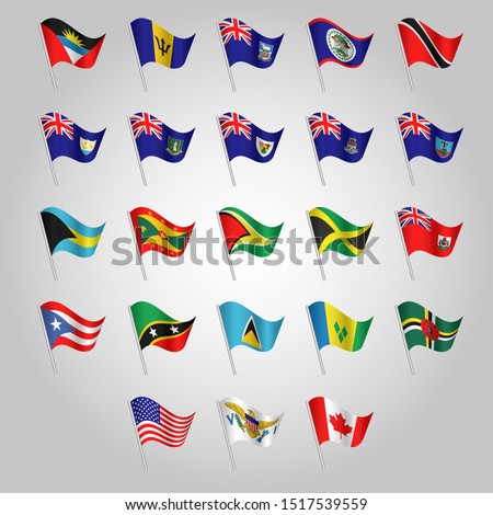 vector set of waving flags anglo american on silver pole - icon of states united states of america, canada and other
