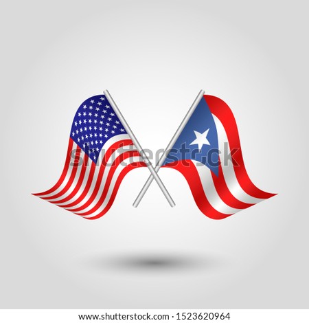 vector two crossed american and rican flags on silver sticks - symbol of united states of america and puerto rico