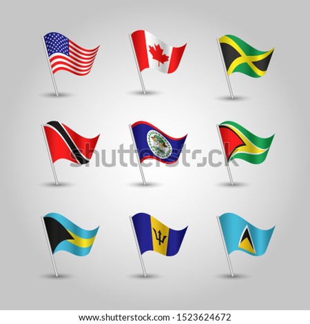 vector set of waving nine flags anglo american states with largest population on silver pole - icon of states usa, canada, jamaica, trinidad and tobago, guyana, belize, bahamas, barbados, sain lucia