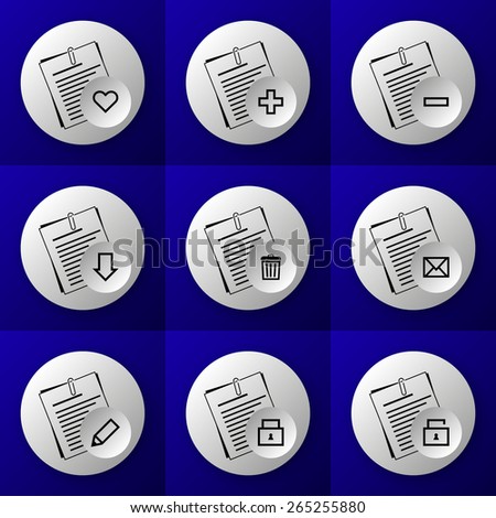 round business document icon set buttons - like, plus, minus, download, delete, sent, write, lock and unlock - on blue background