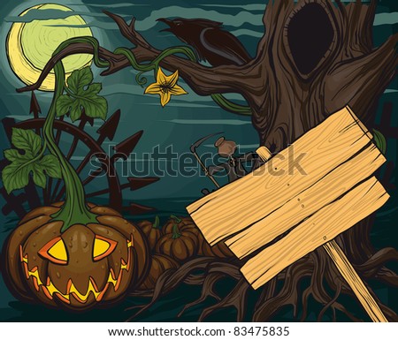 halloween pumpkin jack-o-lanterns and a full moon, tree, and empty blank for text. Raster version