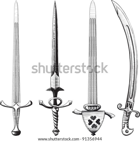 Different Set Of Swords And Sabers Made Like Drawing In Ink Stock ...