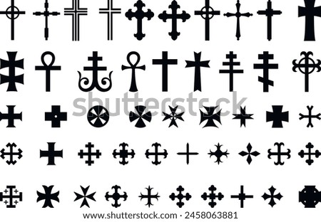 large set of different religious Christian crosses black isolated white background