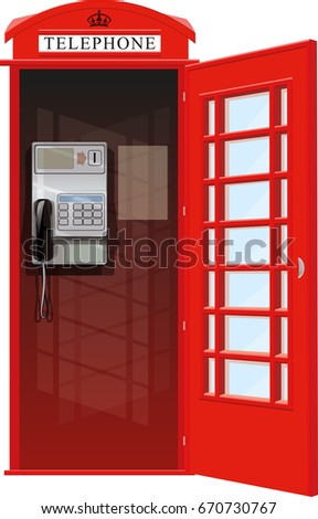 Empty London red classic telephone booth with an open door