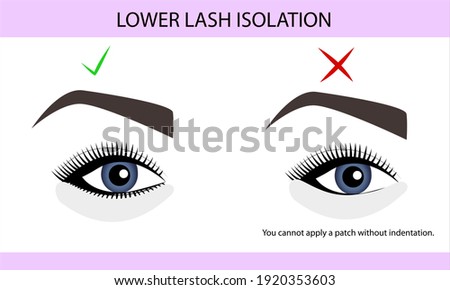 Correct isolation of lower eyelashes in upper eyelash extension, guide, infographics, vector illustration