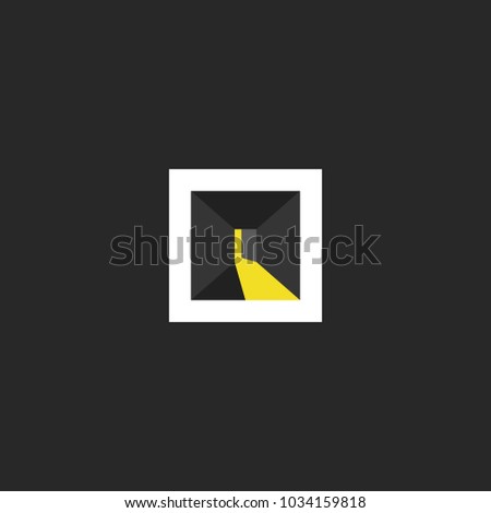 Open door logo design, abstract dark room with light in the doorway space, isometric shape interior designer emblem, exit icon