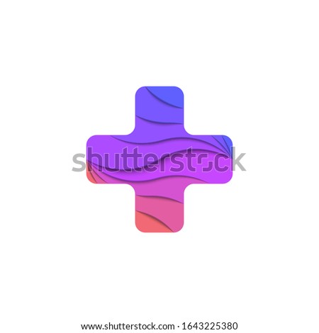 Cross shape logo, emblem for a medical institution or clinic, waves layers of paper cut overlapping effect