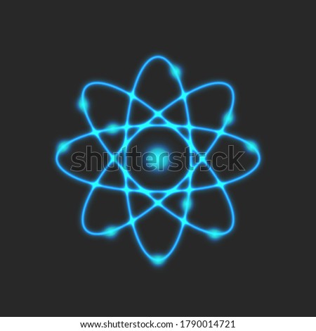 Planetary model of the atom, Rutherford is atomic structure model physical symbol of glowing neon blue lines, scientific logo