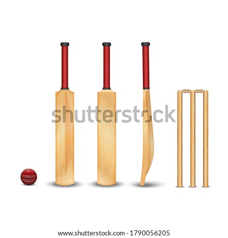 The wooden bat, wicket, the ball for the game of cricket, realistic 3D vector models with wooden texture of objects isolated on white, a set of sports equipment for cricket