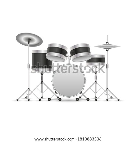 Drum kit musical instrument isolated on white, 3d clipart vector illustration, drums with cymbals on racks