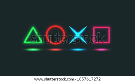 Computer game horizontal background glowing neon signboard geometric shapes of the game joystick square, triangle, circle, cross - backdrop on the gamer monitor