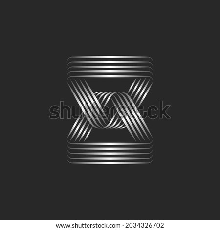 Silver chain logo with triangular links, creative overlapping two triangles loop 3d effect shapes, weaving thin metallic gradient parallel lines.